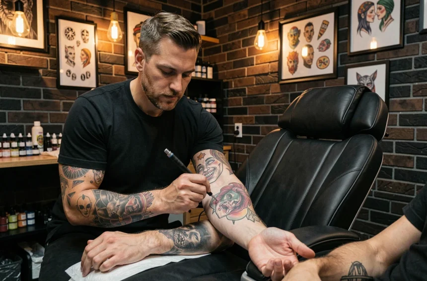 Tatoueur professionnel travaillant sur le bras d'un client dans un salon de tatouage à Toulouse ouvert le soir
