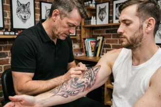 Tatoueur examinant un tatouage tribal loup fraîchement réalisé sur l'avant-bras d'un client dans un studio de tatouage professionnel