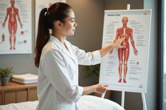 Thérapeute en spa montrant un poster anatomique